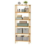 6-tier bamboo storage shelf holding handbags, folded towels, storage boxes and a clock