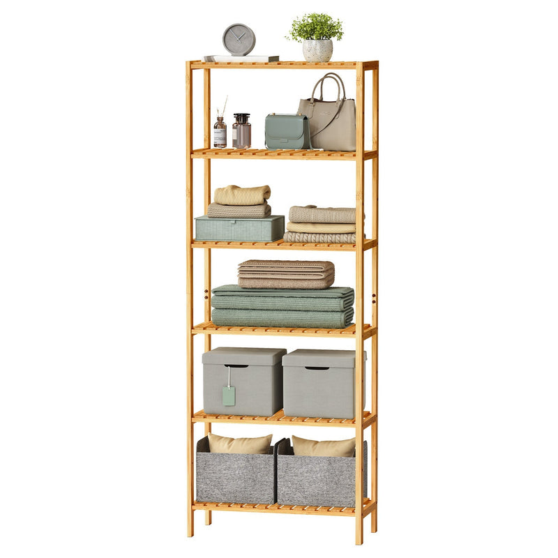6-tier bamboo storage shelf holding handbags, folded towels, storage boxes and a clock