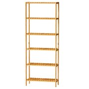Empty 6-tier bamboo shelving unit shown straight on with open slatted shelves