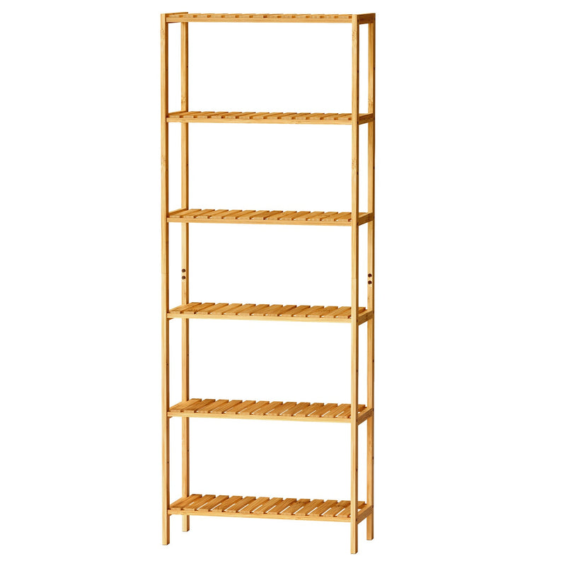 Empty 6-tier bamboo shelving unit shown straight on with open slatted shelves