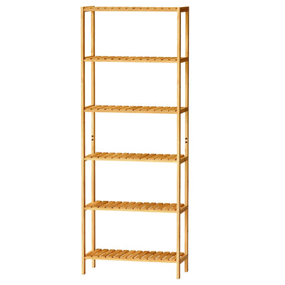 Empty 6-tier bamboo shelving unit shown straight on with open slatted shelves