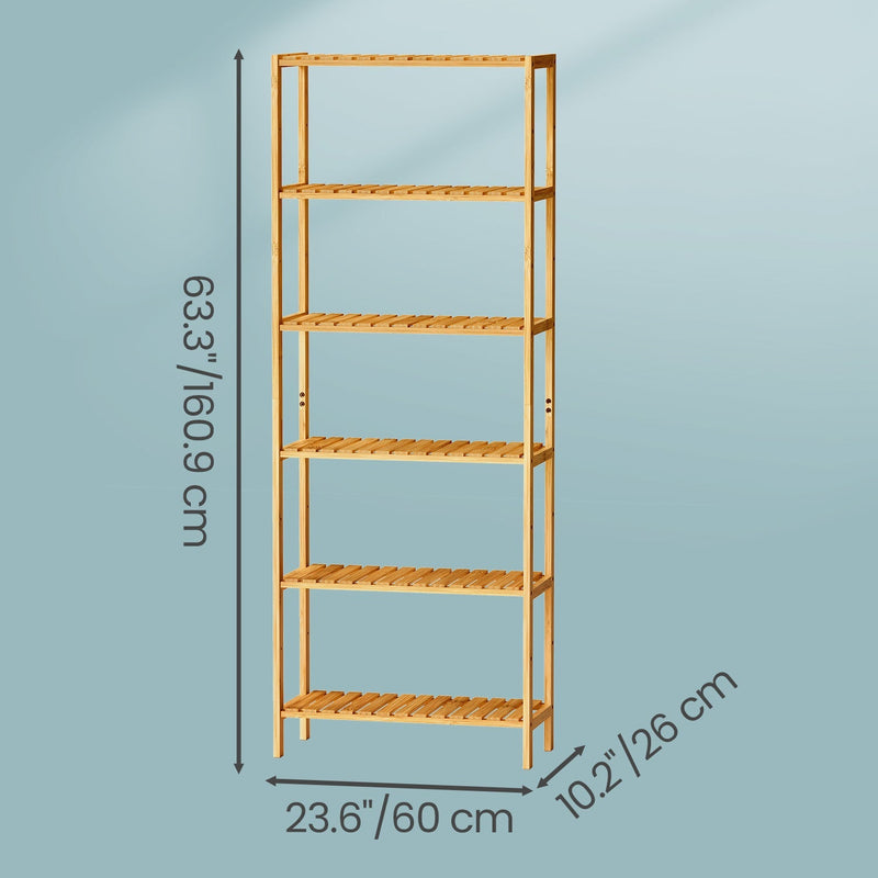 Dimensions diagram of the bamboo shelf: 160.9 cm high, 60 cm wide, 26 cm deep