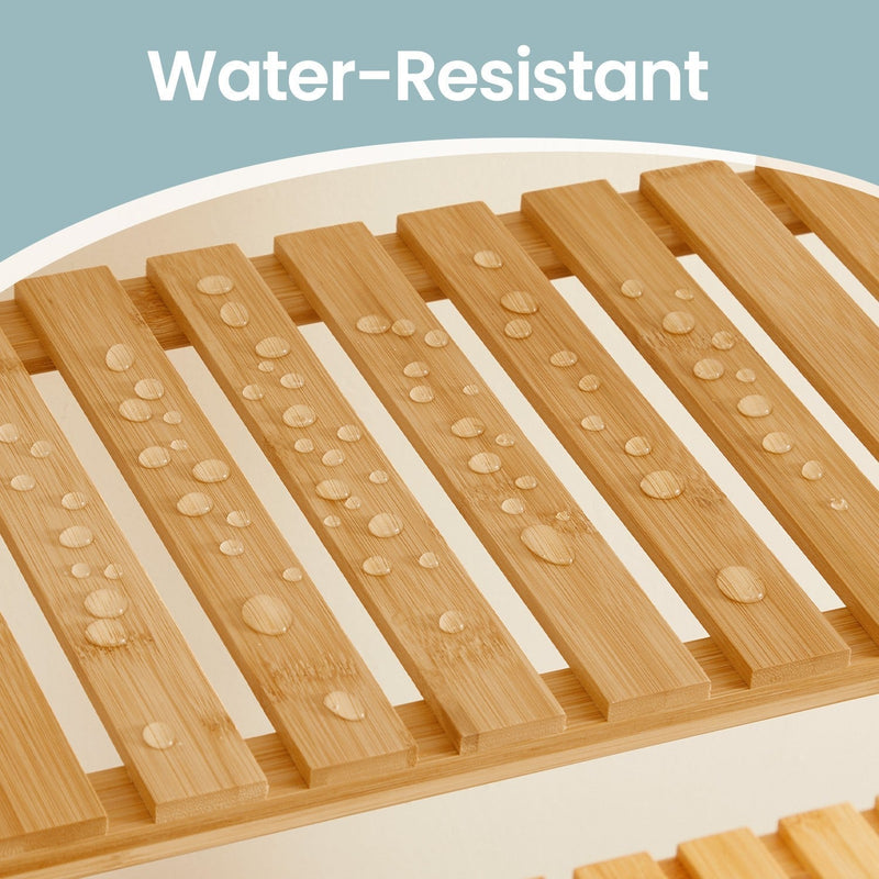 Water droplets beading on the bamboo slats showing the water-resistant finish