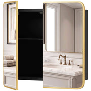 Natural wall mounted bathroom mirror cabinet with both mirror doors open above a marble vanity