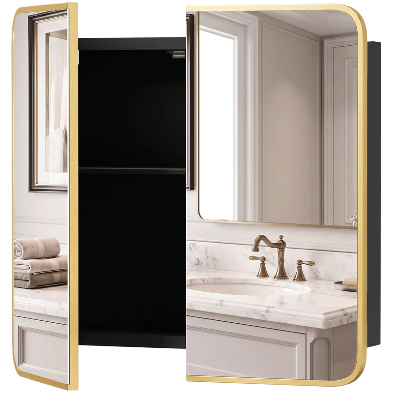 Natural wall mounted bathroom mirror cabinet with both mirror doors open above a marble vanity