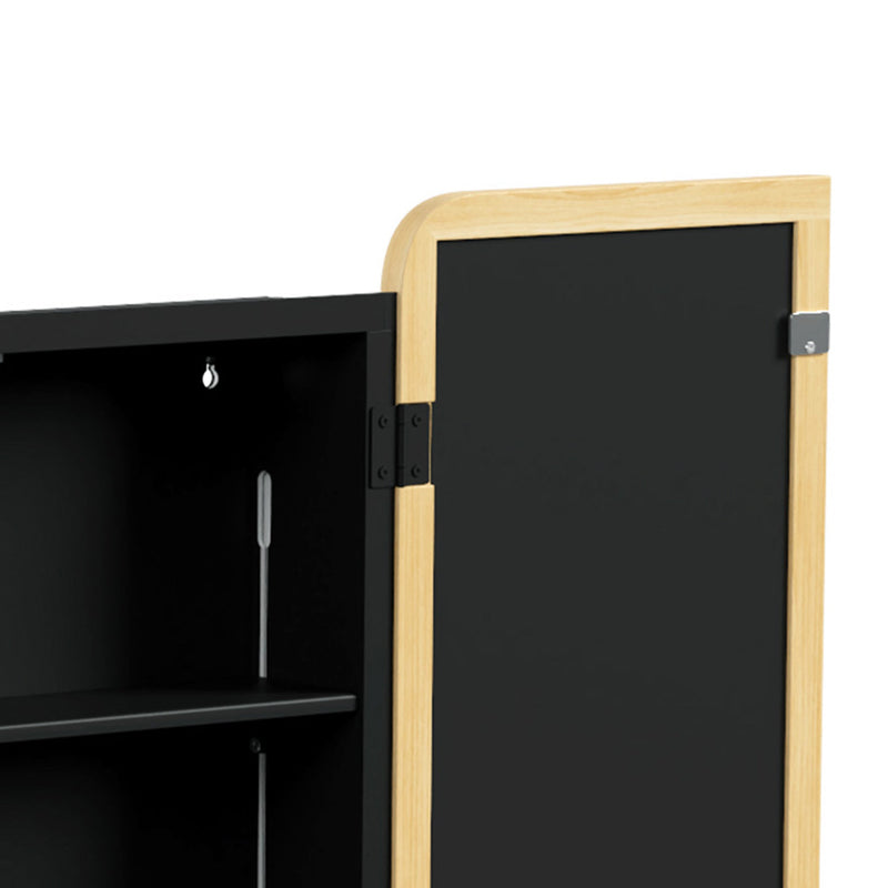 Close-up of the black interior, shelf and natural wood door edge with hinge