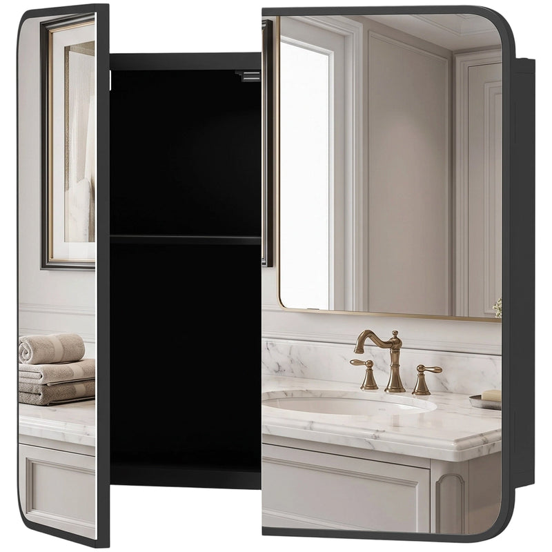 Black wall mounted bathroom mirror cabinet with both mirror doors open above a marble vanity