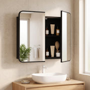 Black mirror cabinet open with toiletries on black inner shelves above a white basin