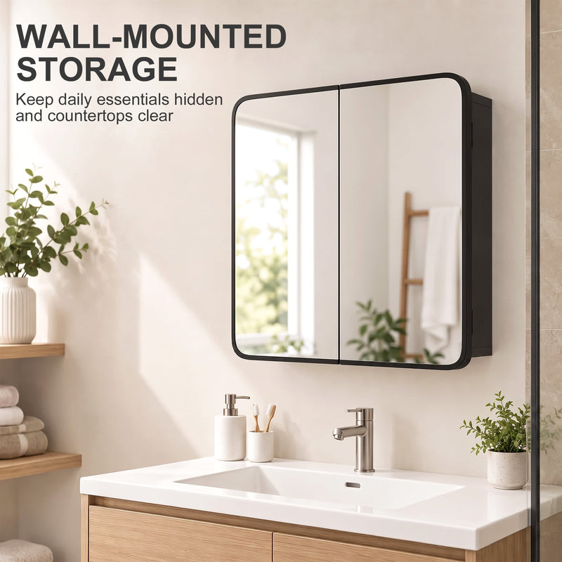 Closed Black mirror cabinet mounted above a bathroom basin with a wall-mounted storage caption