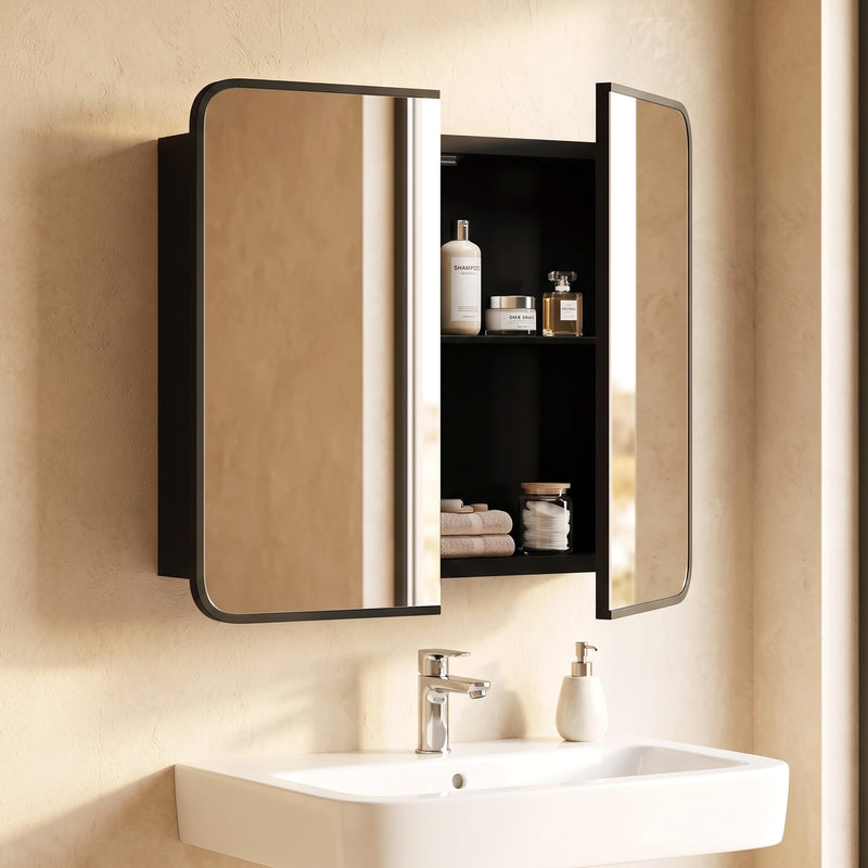 Black mirror cabinet with doors open showing soap and bottles on shelves above a sink