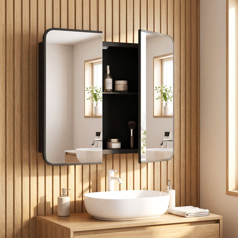 Black mirror cabinet open on a slatted wood wall above a round basin