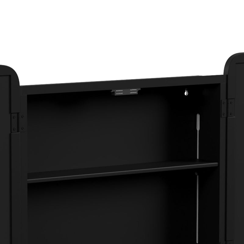 Close-up of the all-black interior with shelf and door hinge