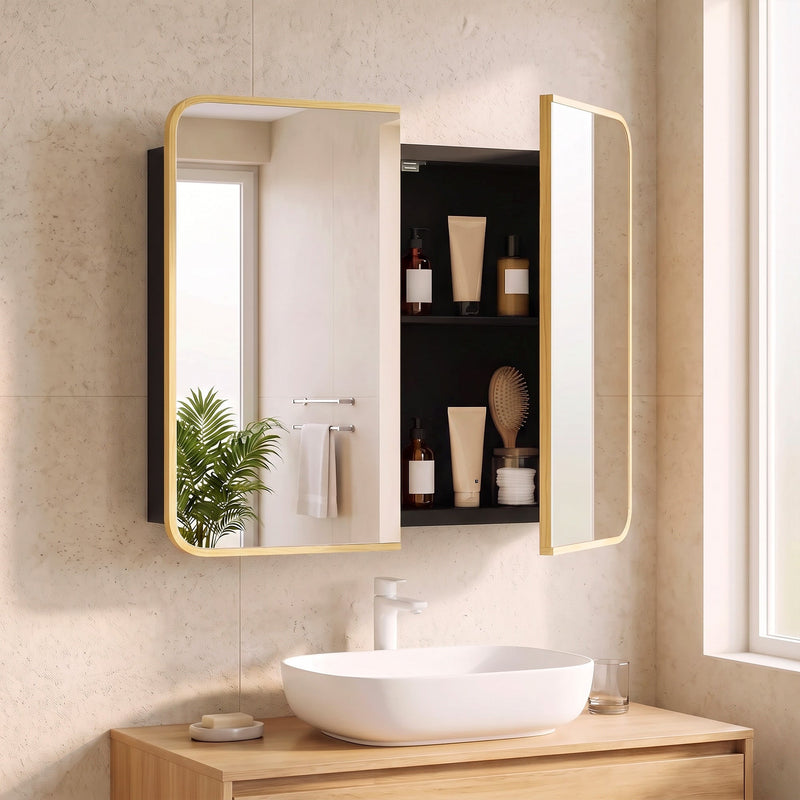 Natural mirror cabinet open with toiletries on black inner shelves above a white basin