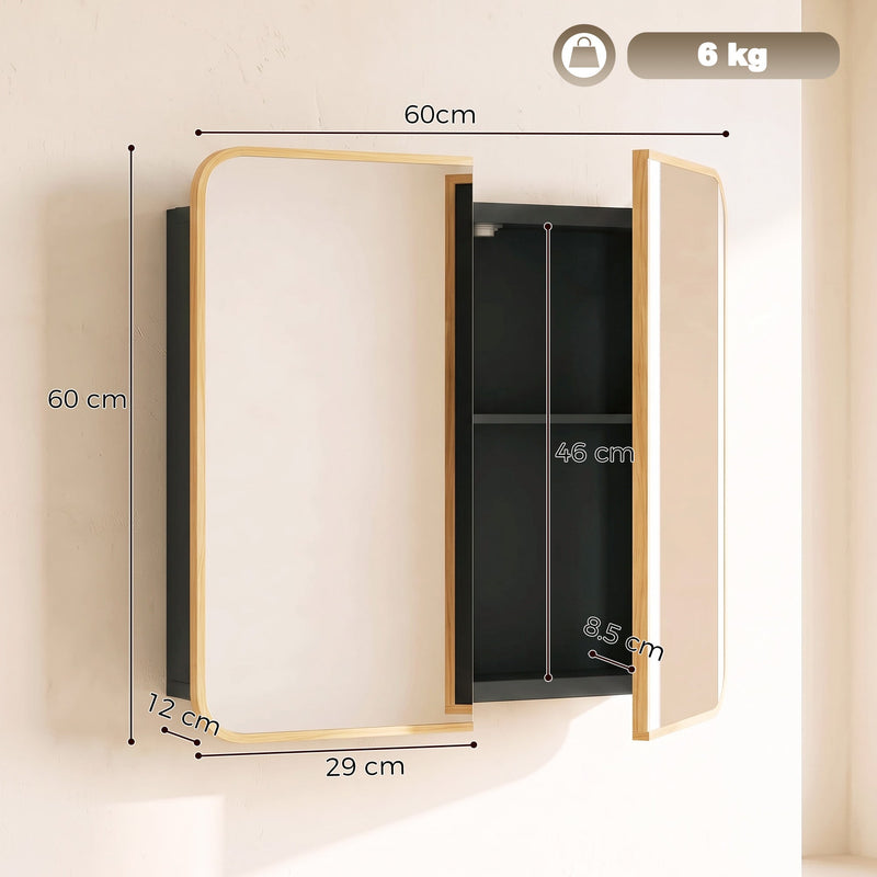 Dimensions diagram of the 60 x 60 x 12 cm mirror cabinet with 29 cm mirrors and 46 cm inner height