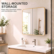 Closed Natural mirror cabinet mounted above a bathroom basin with a wall-mounted storage caption