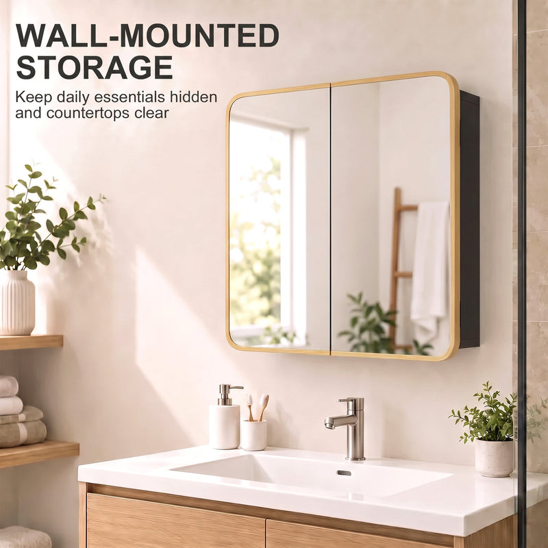 Closed Natural mirror cabinet mounted above a bathroom basin with a wall-mounted storage caption