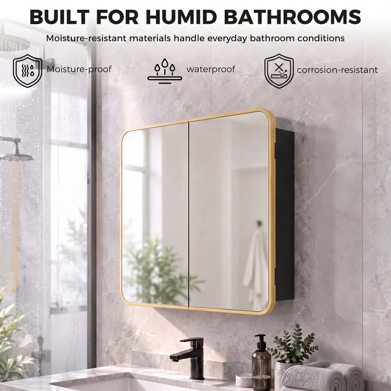 Natural mirror cabinet in a bathroom with moisture-proof, waterproof and corrosion-resistant icons