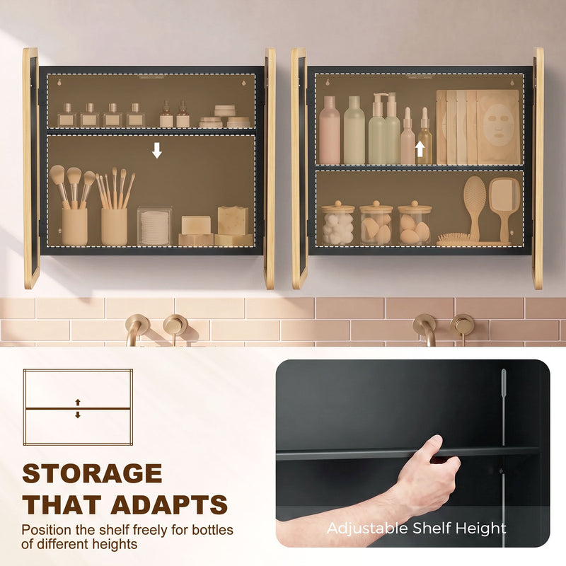 Panel showing the adjustable shelf holding bottles and jars, with a hand moving the shelf