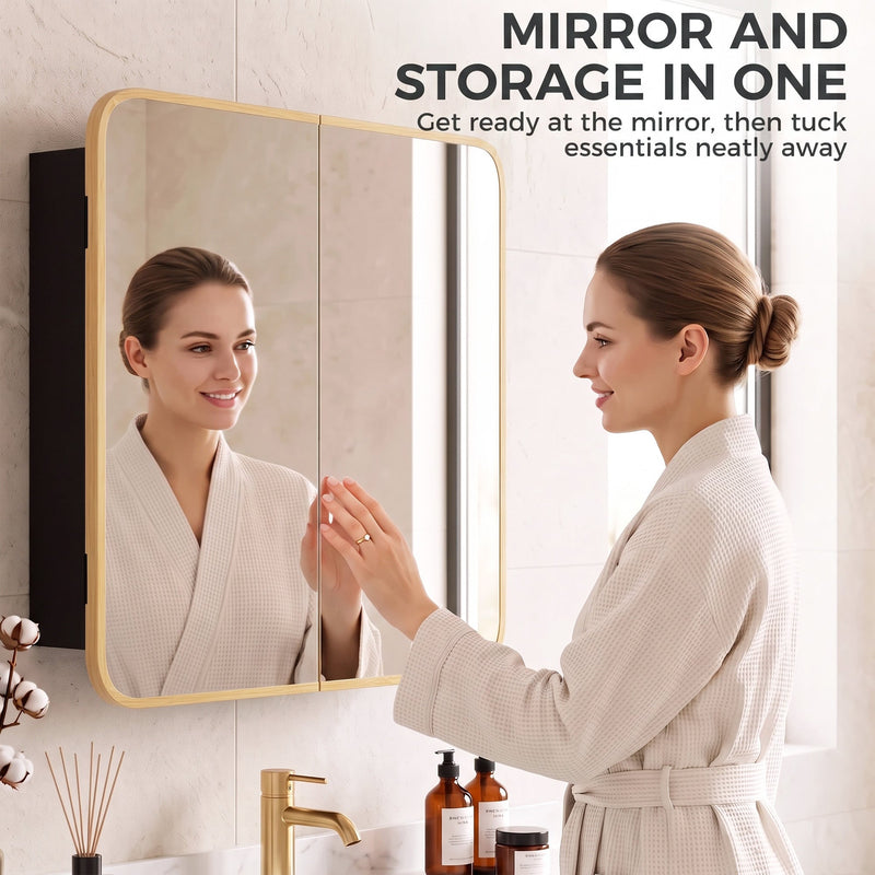 Woman in a bathrobe checking her reflection in the Natural mirror cabinet doors