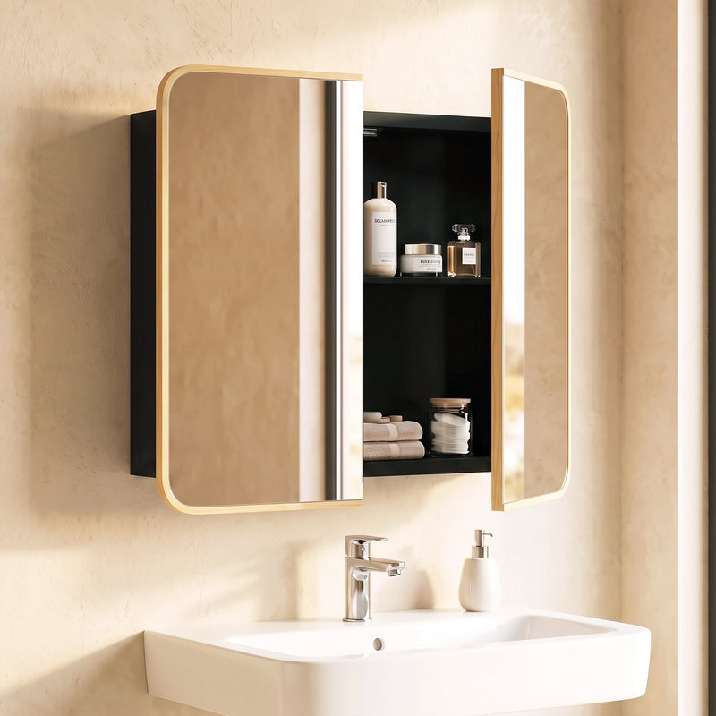 Natural mirror cabinet with doors open showing soap and bottles on black shelves above a sink