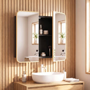 Natural mirror cabinet open on a slatted wood wall above a round basin