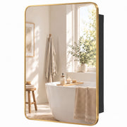 Gold-framed bathroom mirror cabinet with rounded corners shown closed, black cabinet body behind