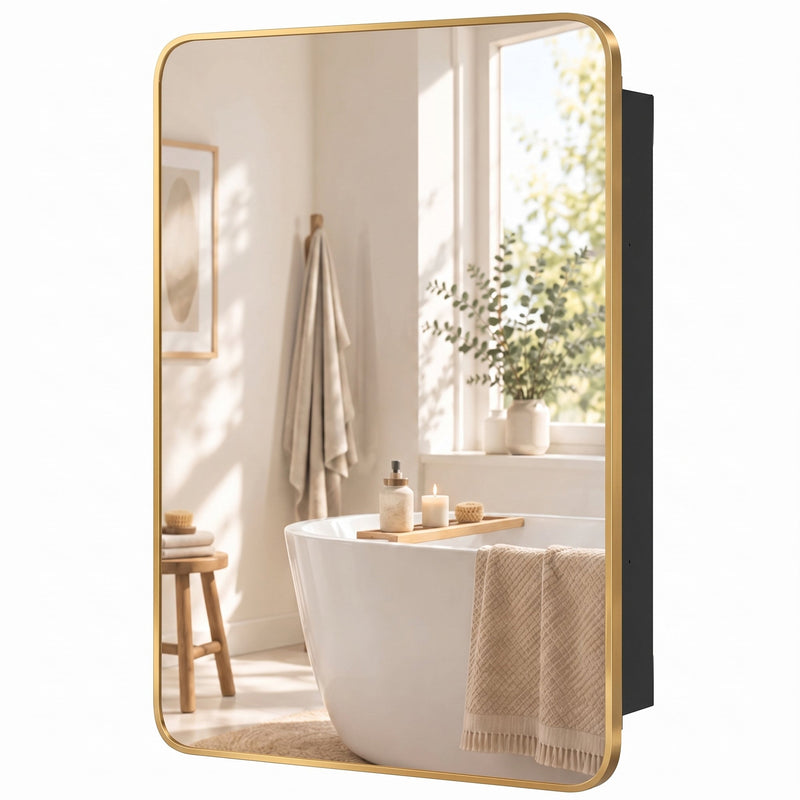 Gold-framed bathroom mirror cabinet with rounded corners shown closed, black cabinet body behind
