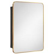 Gold-framed mirror cabinet door at an angle showing the black side of the body