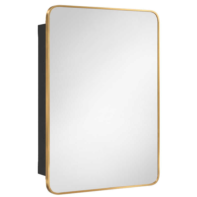 Gold-framed mirror cabinet door at an angle showing the black side of the body