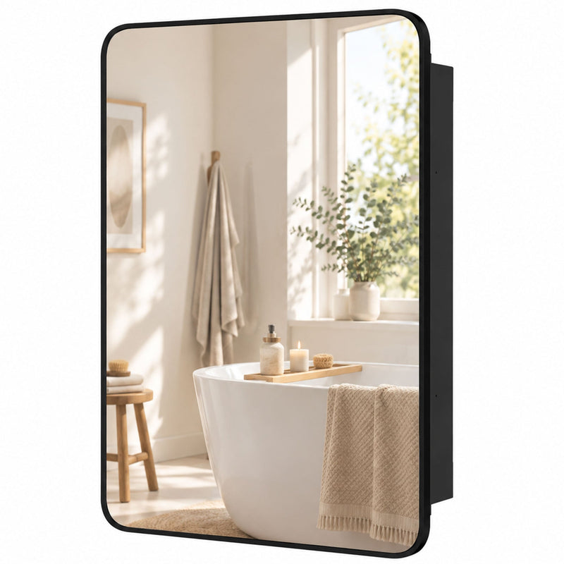 Black-framed rectangular bathroom mirror cabinet with a rounded-corner door, shown closed on a bathroom wall