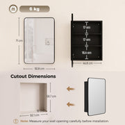 Dimensions diagram of the bathroom mirror cabinet showing 50.8 cm width, 71 cm height, shelf spacing and wall cut-out size