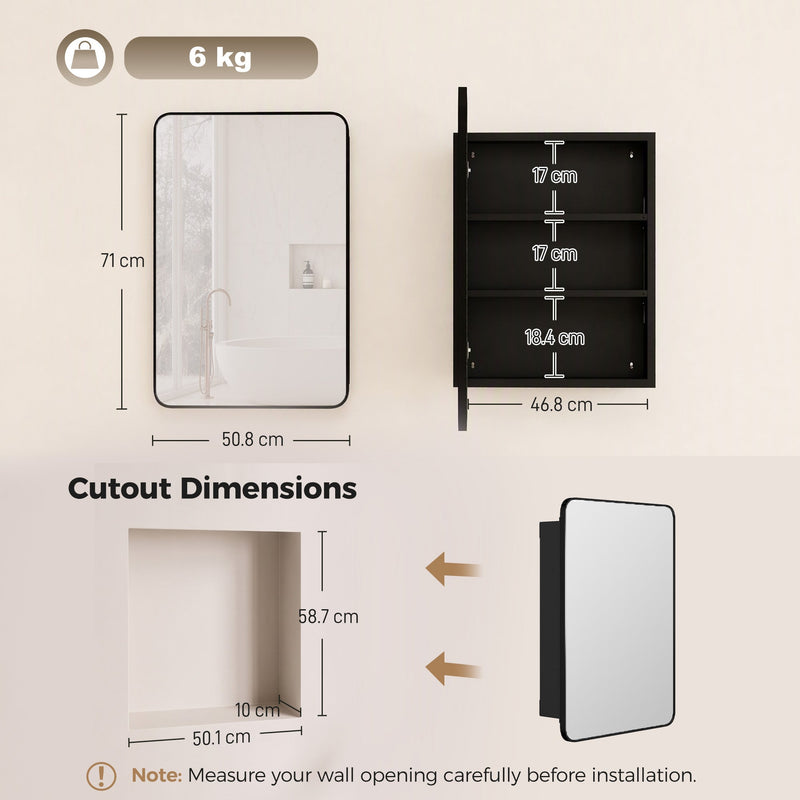 Dimensions diagram of the bathroom mirror cabinet showing 50.8 cm width, 71 cm height, shelf spacing and wall cut-out size