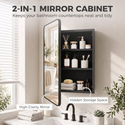 Open black mirror cabinet with labels pointing to the high-clarity mirror and hidden storage space