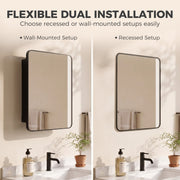 Black mirror cabinet shown wall-mounted and recessed into the wall, side by side