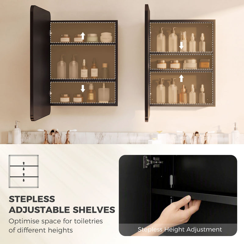 Open mirror cabinet with stepless adjustable shelves holding bottles, plus a close-up of adjusting a shelf