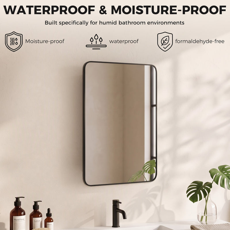 Closed black mirror cabinet above a basin with waterproof and moisture-proof feature icons