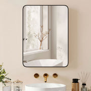 Black-framed mirror cabinet above a white basin with gold taps