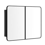 Black double door mirror cabinet on a plain white background