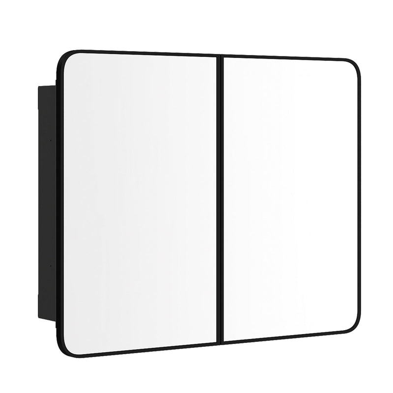Black double door mirror cabinet on a plain white background