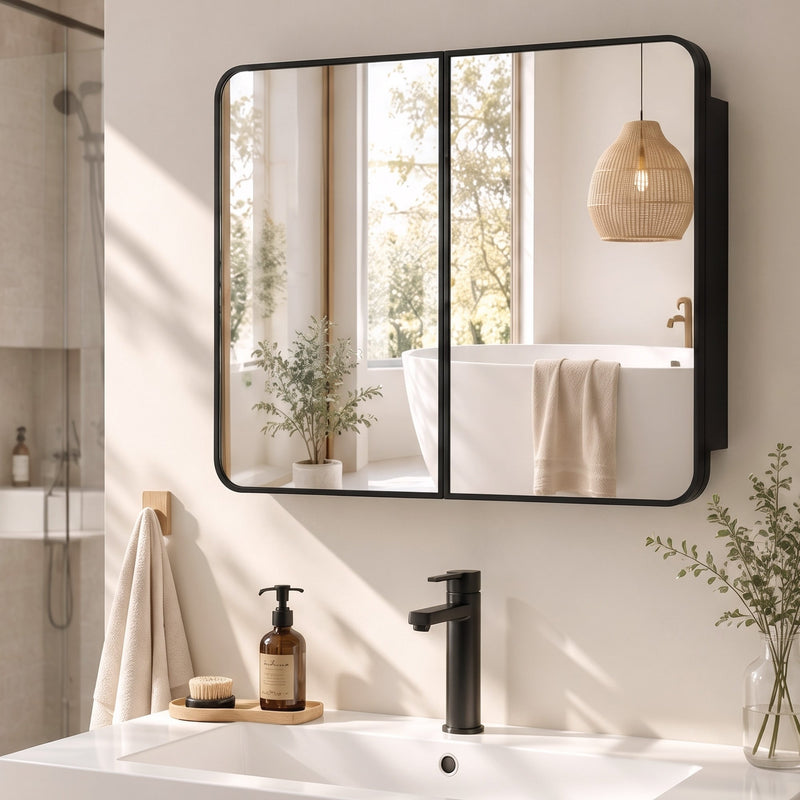 Black bathroom mirror cabinet wall-mounted above a basin and tap