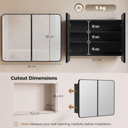 Dimensions diagram for the black mirror cabinet with mirror size, shelf spacing and wall cutout size