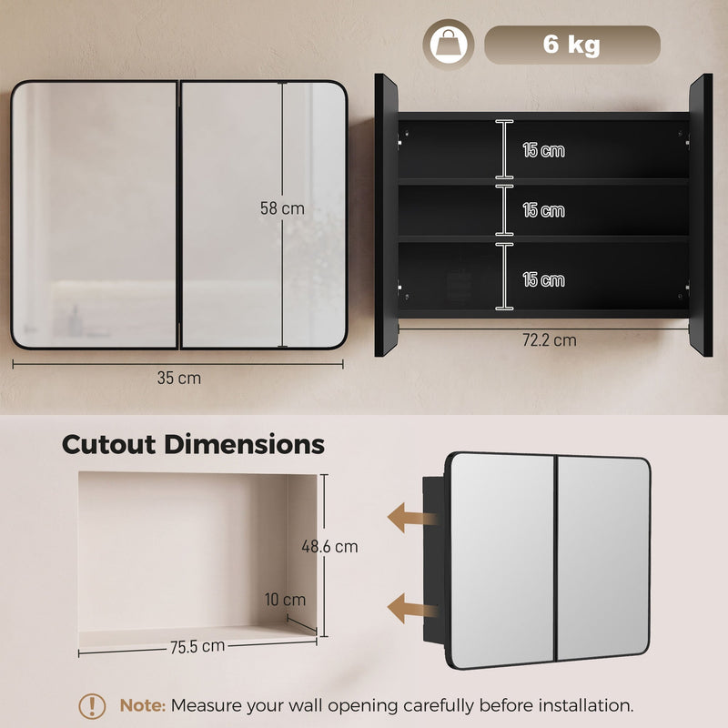 Dimensions diagram for the black mirror cabinet with mirror size, shelf spacing and wall cutout size