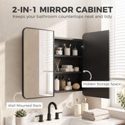 Black mirror cabinet with one door open showing hidden storage shelves