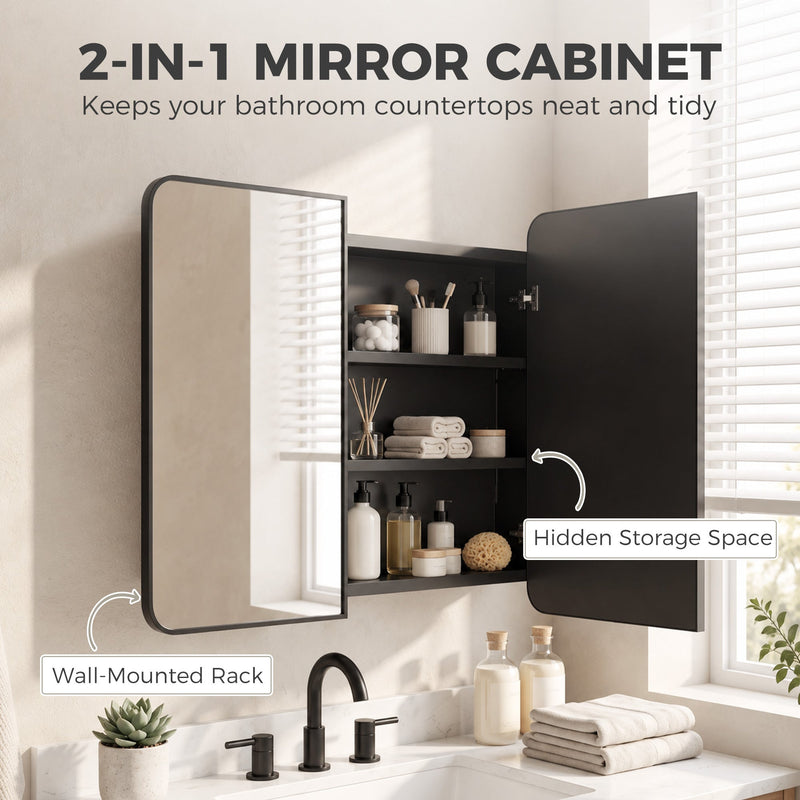 Black mirror cabinet with one door open showing hidden storage shelves
