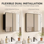 Black mirror cabinet shown in wall-mounted and recessed installations side by side