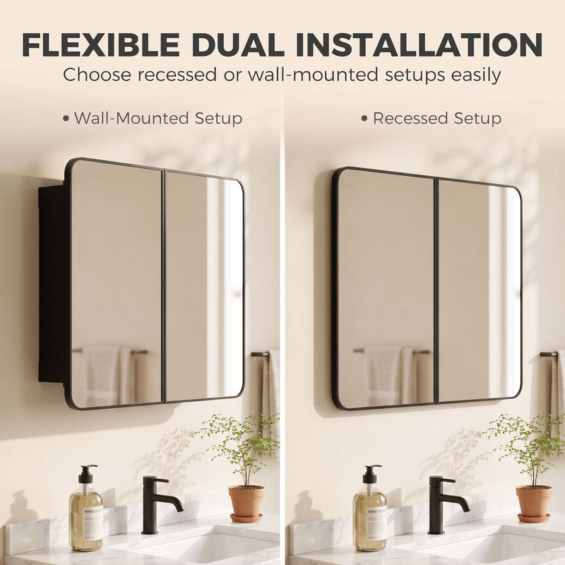 Black mirror cabinet shown in wall-mounted and recessed installations side by side