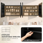 Open black mirror cabinet with stocked shelves and a close-up of the stepless shelf adjustment