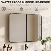 Black mirror cabinet with waterproof, moisture-proof and formaldehyde-free icons above a basin