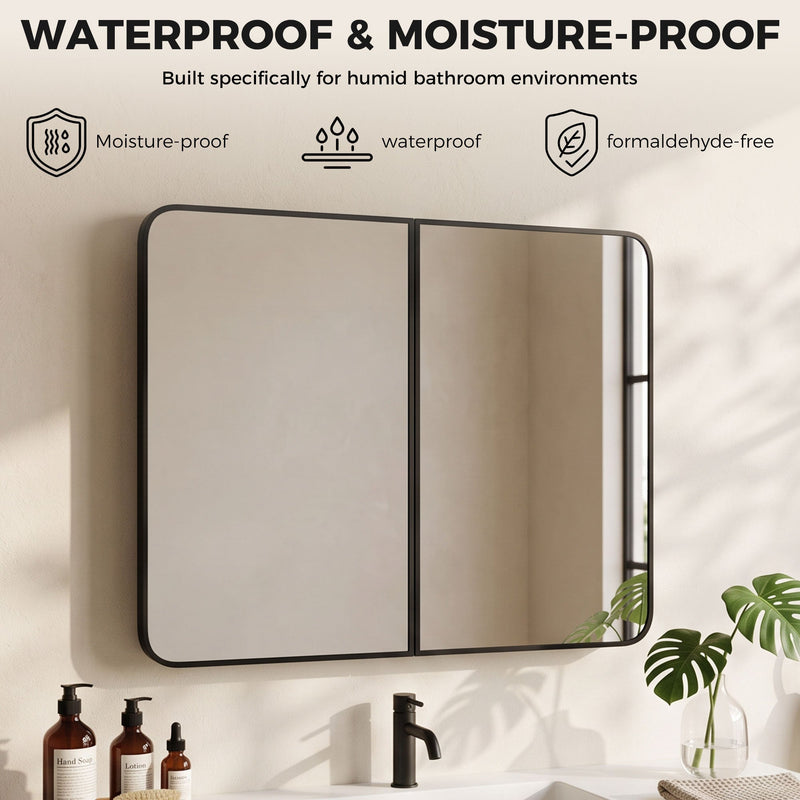 Black mirror cabinet with waterproof, moisture-proof and formaldehyde-free icons above a basin