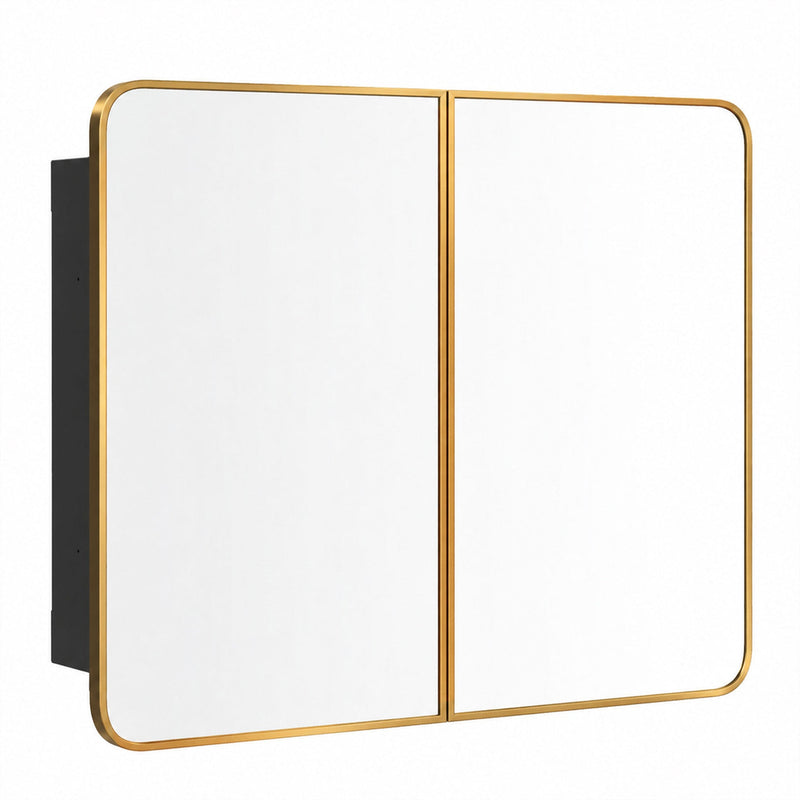 Gold tone double door mirror cabinet on a plain white background